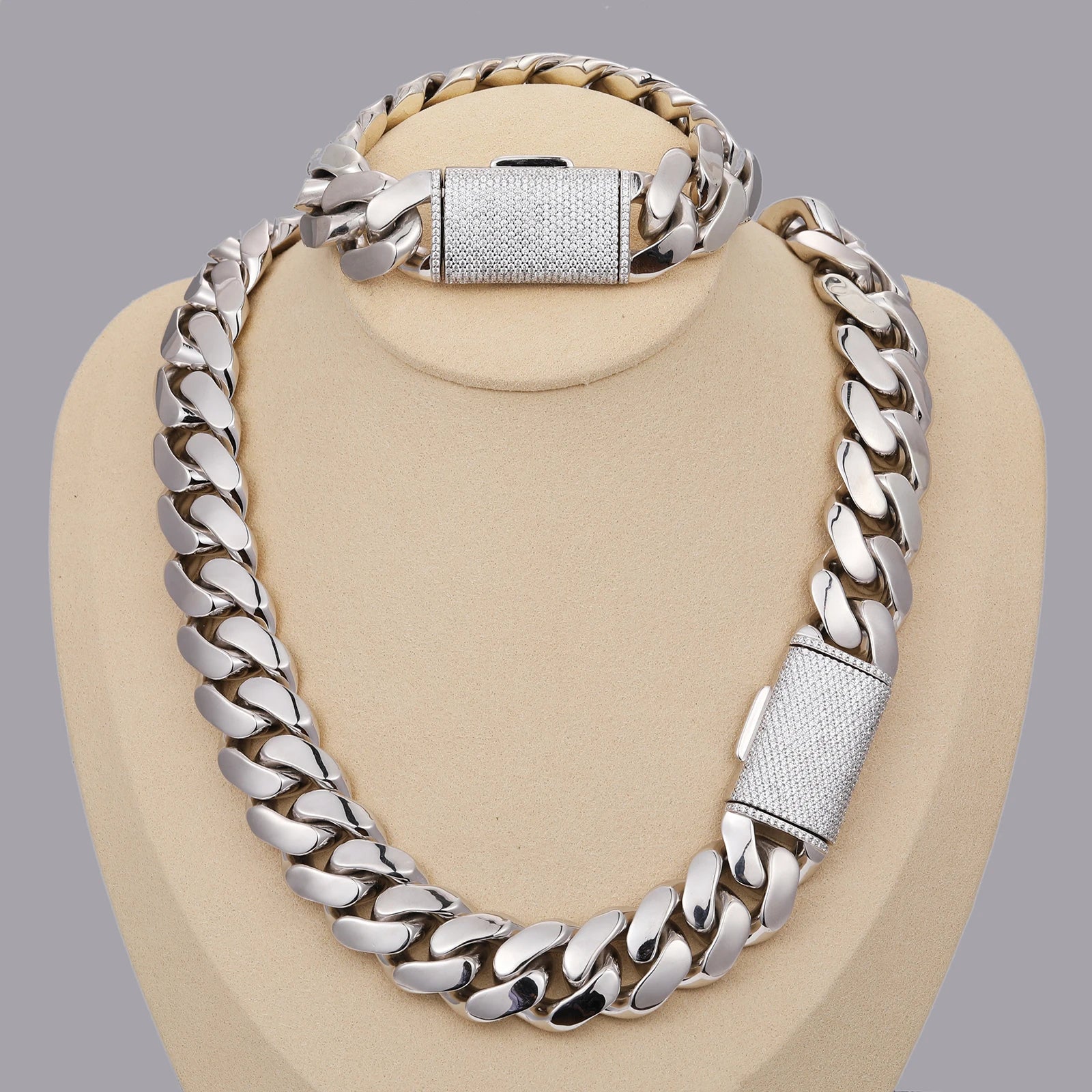 10-22MM MOISSANITE BUCKLE CUBAN LINK NECKLACE/BRACELET IN STERLING SILVER - Image 2