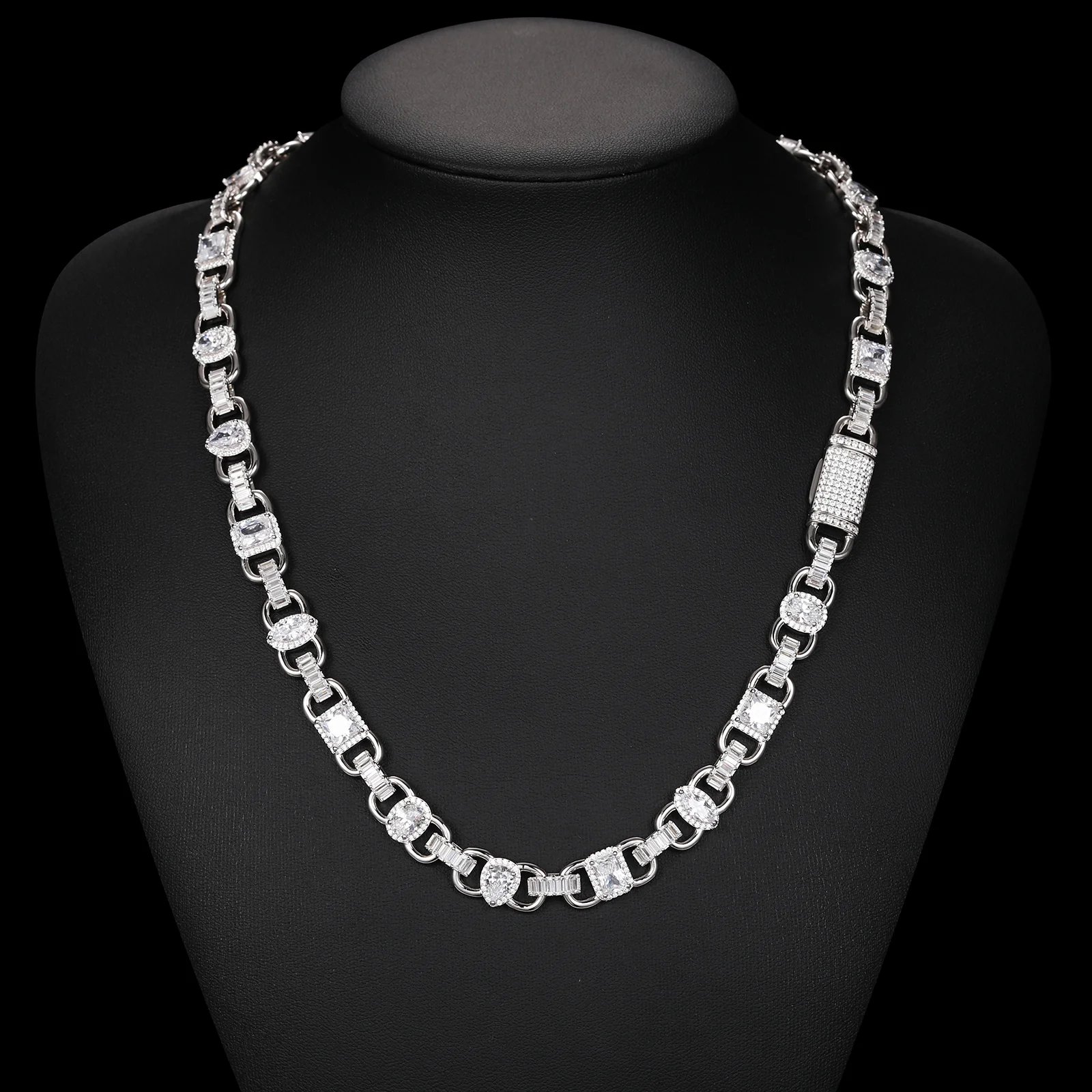 10MM PRINCESS MARQUISE BAGUETTE CUT DUBAI MOISSANITE LINK CHAIN IN STERLING SILVER - Image 3
