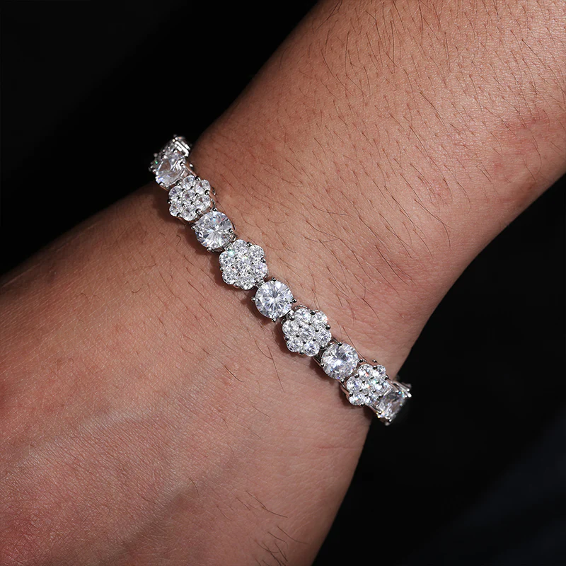 10MM ROUND CUT MOISSANITE FLOWER CLUSTER LINK CHAIN BRACELET IN STERLING SILVER - Image 2