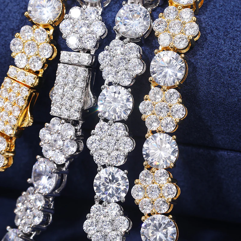 10MM ROUND CUT MOISSANITE FLOWER CLUSTER LINK CHAIN BRACELET IN STERLING SILVER - Image 4