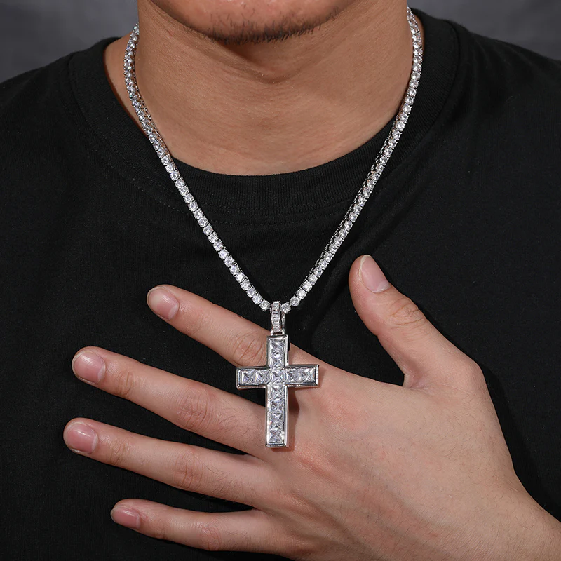 MOISSANITE ICED OUT CROSS PENDANT IN STERLING SILVER - Image 5