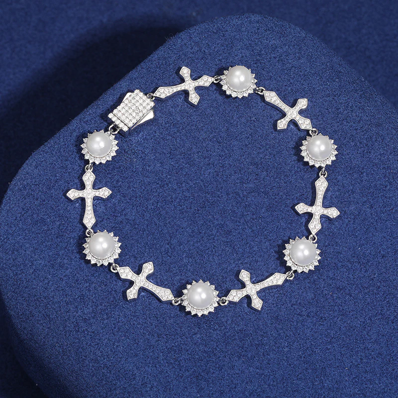 12MM MOISSANITE CROSS PEARL BRACELET IN STERLING SILVER - Image 2