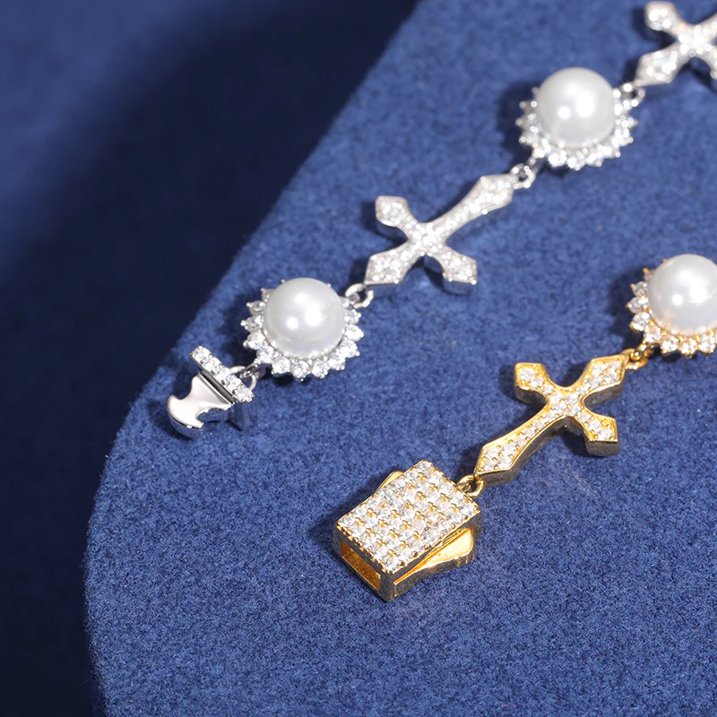 12MM MOISSANITE CROSS PEARL BRACELET IN STERLING SILVER - Image 3