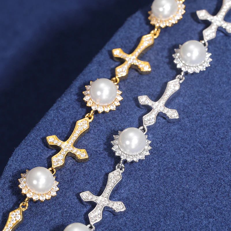 12MM MOISSANITE CROSS PEARL BRACELET IN STERLING SILVER - Image 4