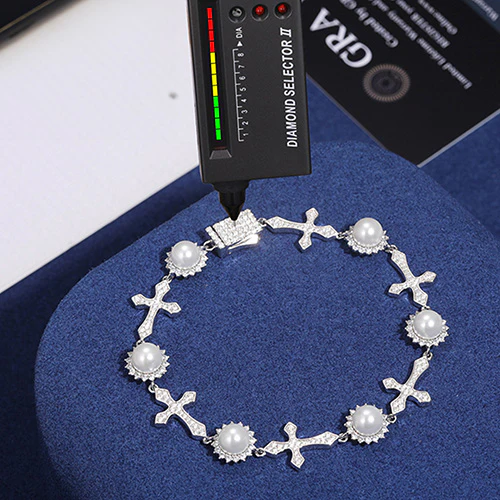 12MM MOISSANITE CROSS PEARL BRACELET IN STERLING SILVER - Image 5