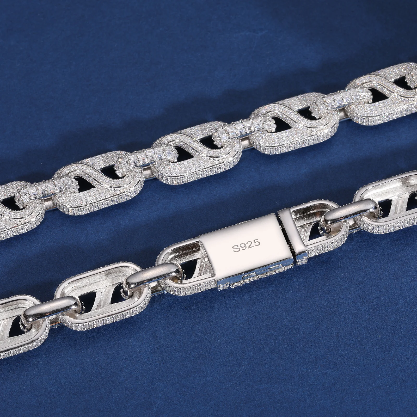 14MM BAGUETTE MOISSANITE BUSSDOWN CUBAN LINK CHAIN NECKLACE/BRACELET IN STERLING SILVER - Image 4