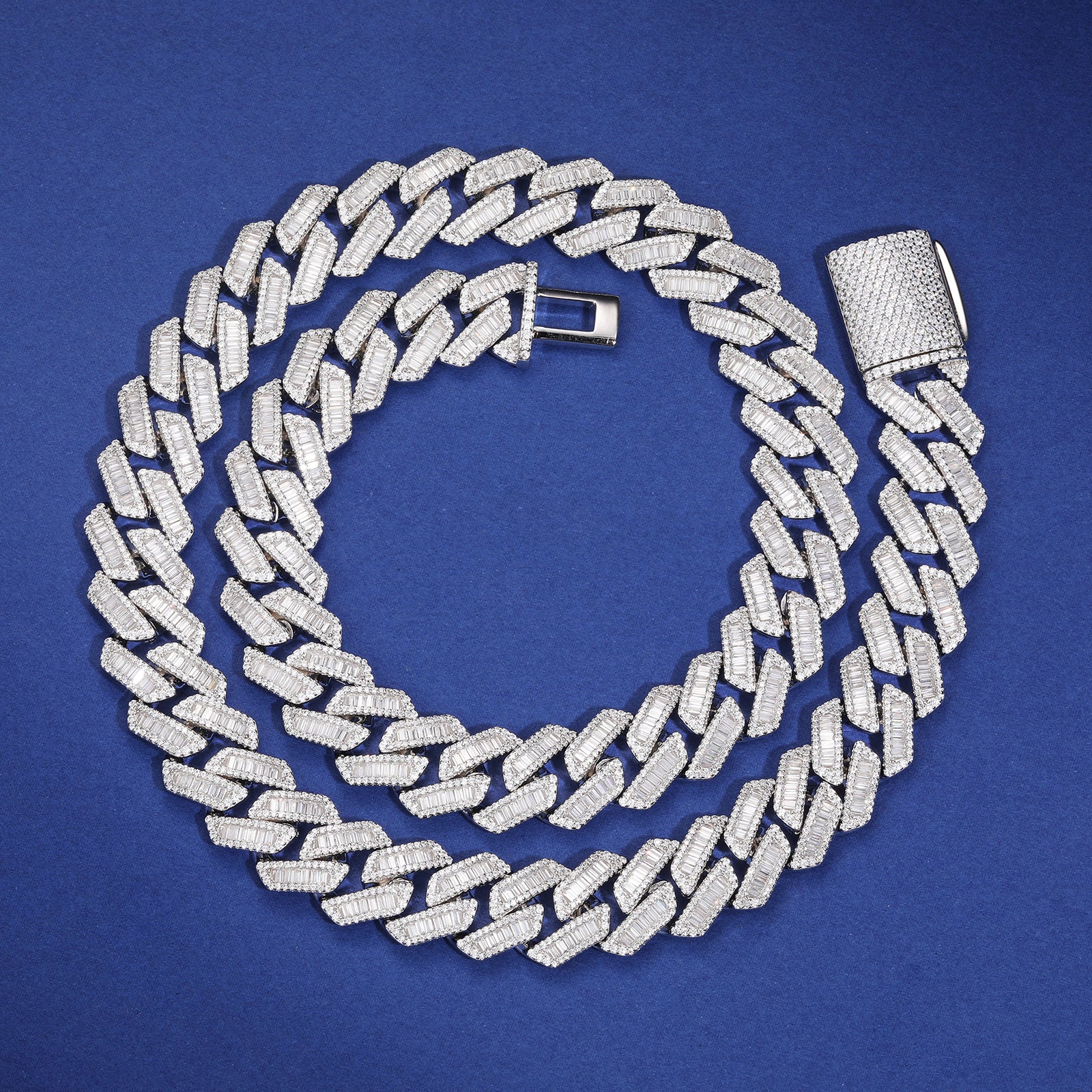 14MM BAGUETTE MOISSANITE CUBAN LINK CHAIN NECKLACE/BRACELET IN STERLING SILVER