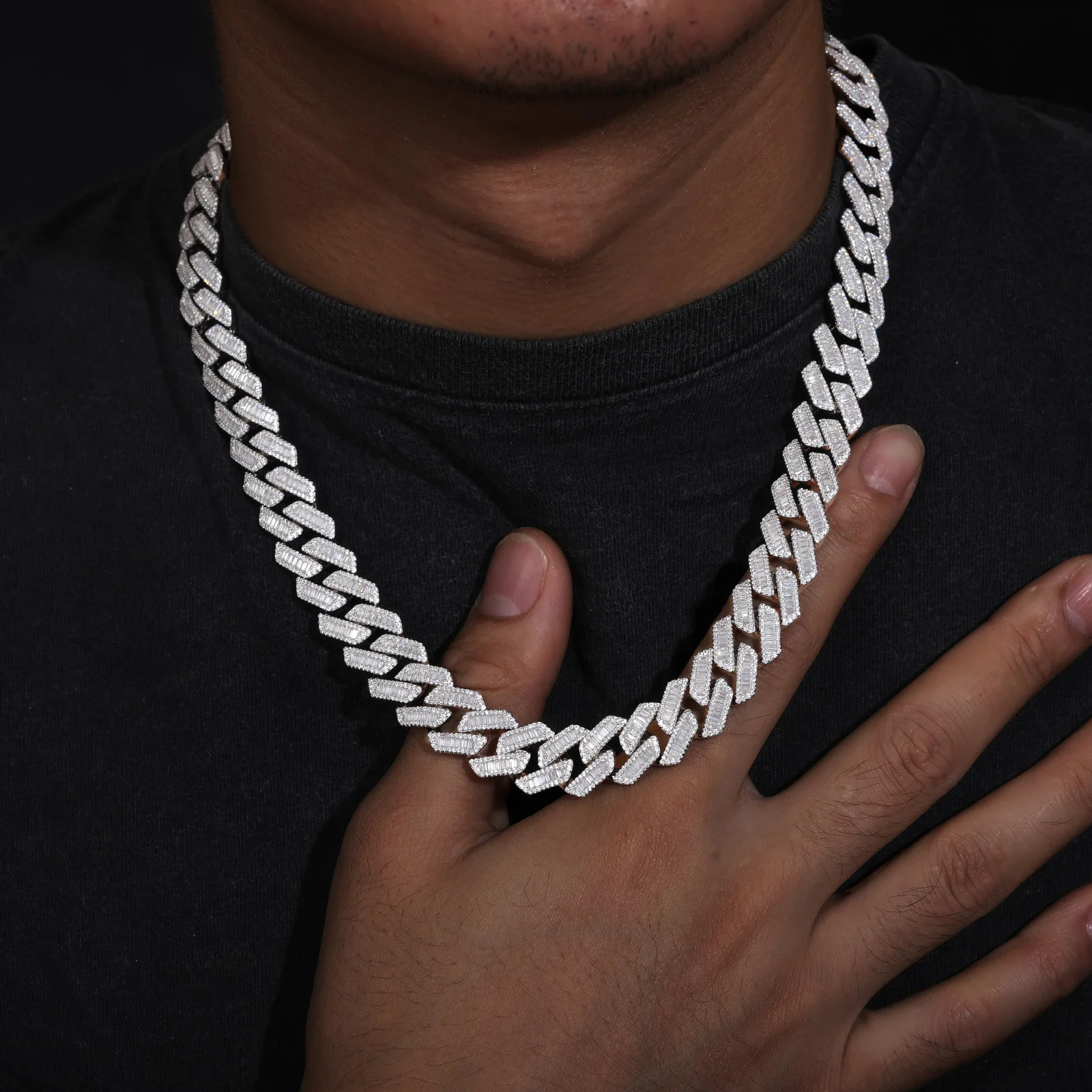 14MM BAGUETTE MOISSANITE CUBAN LINK CHAIN NECKLACE/BRACELET IN STERLING SILVER - Image 3