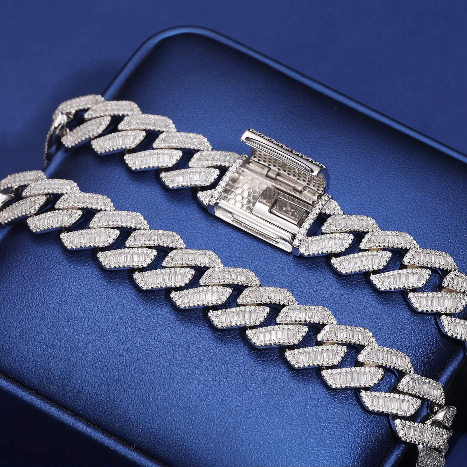 14MM BAGUETTE MOISSANITE CUBAN LINK CHAIN NECKLACE/BRACELET IN STERLING SILVER - Image 4