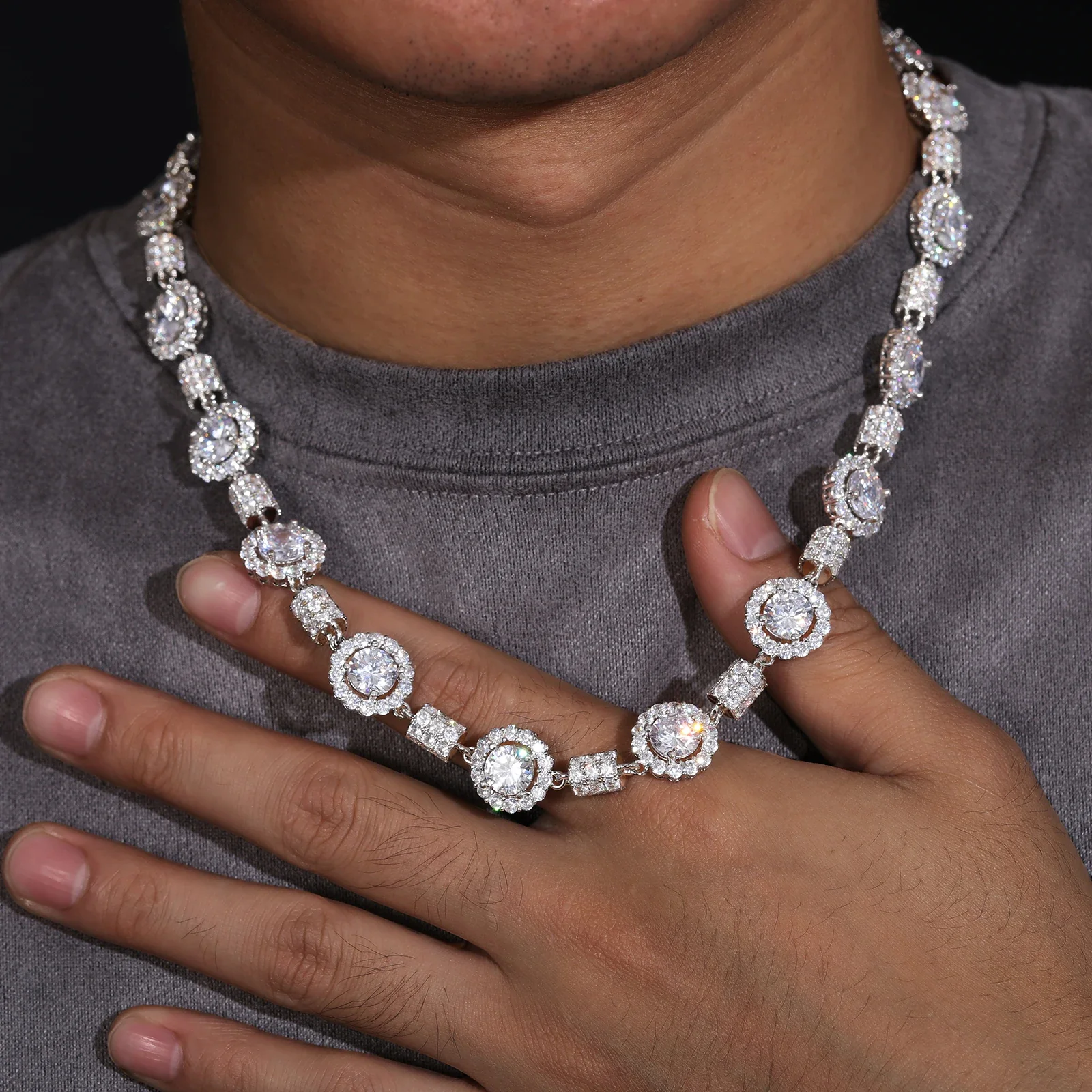 14MM BULLET AND HALO MOISSANITE NECKLACE/BRACELET IN STERLING SILVER - Image 4