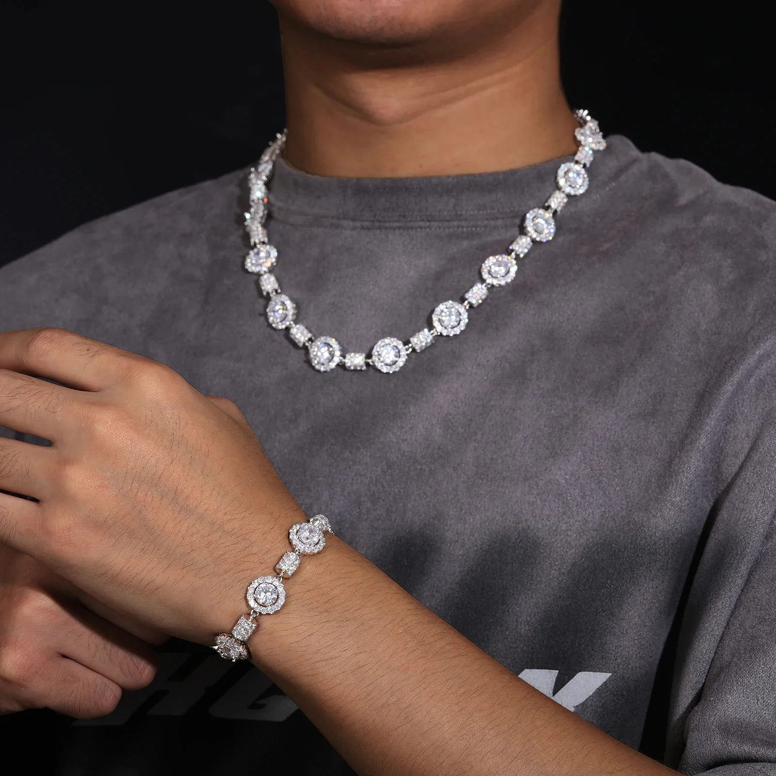 14MM BULLET AND HALO MOISSANITE NECKLACE/BRACELET IN STERLING SILVER - Image 5