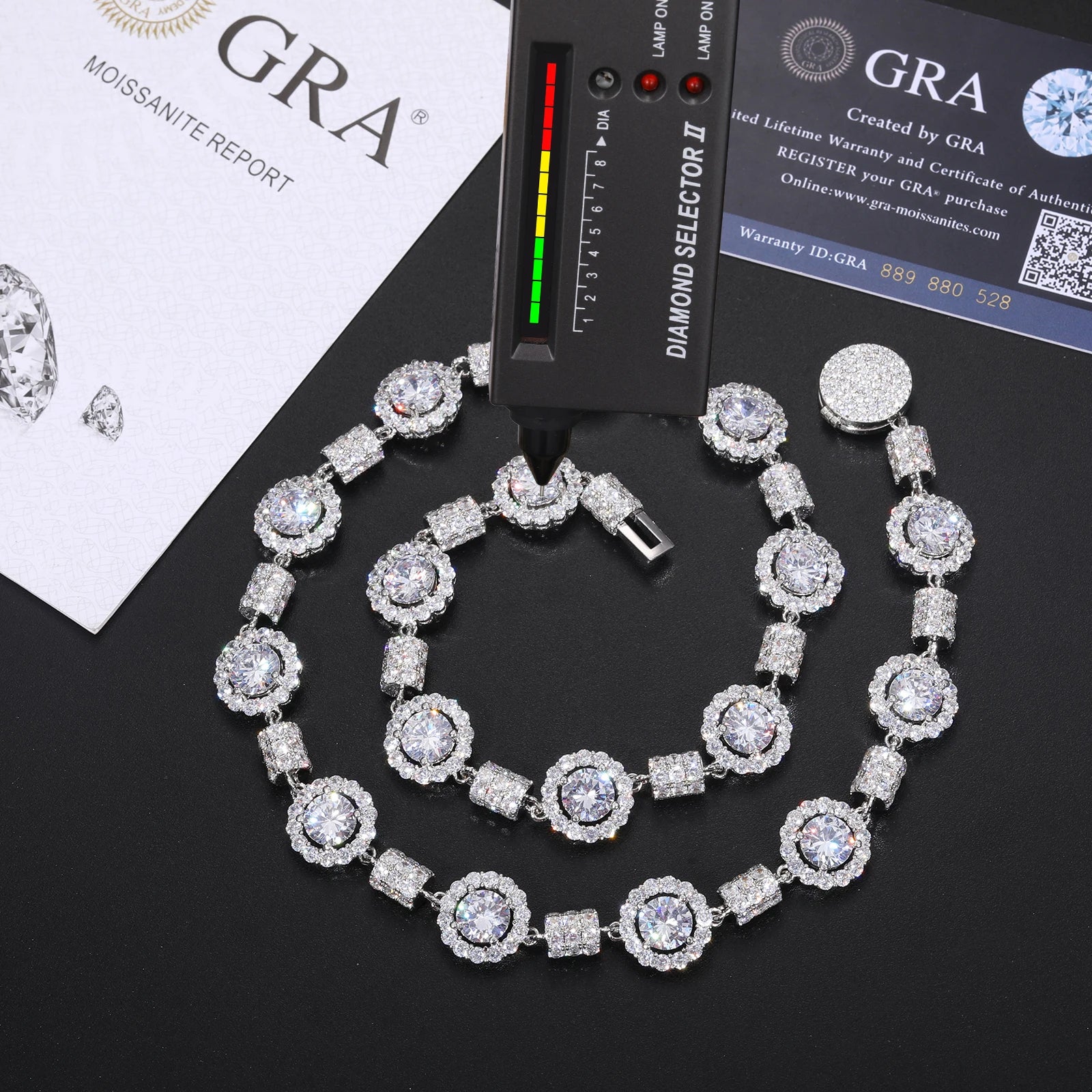 14MM BULLET AND HALO MOISSANITE NECKLACE/BRACELET IN STERLING SILVER - Image 6