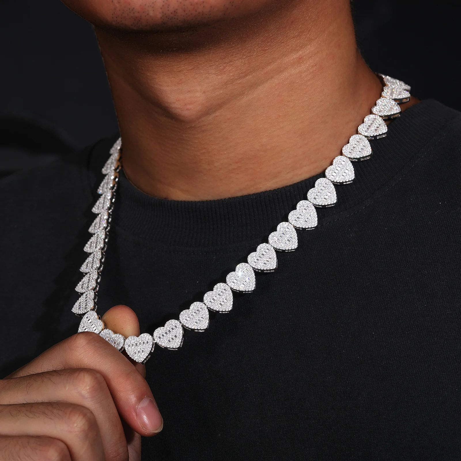 15MM BAGUETTE MOISSANITE HEART TENNIS LINK CHAIN NECKLACE/BRACELET IN STERLING SILVER - Image 2