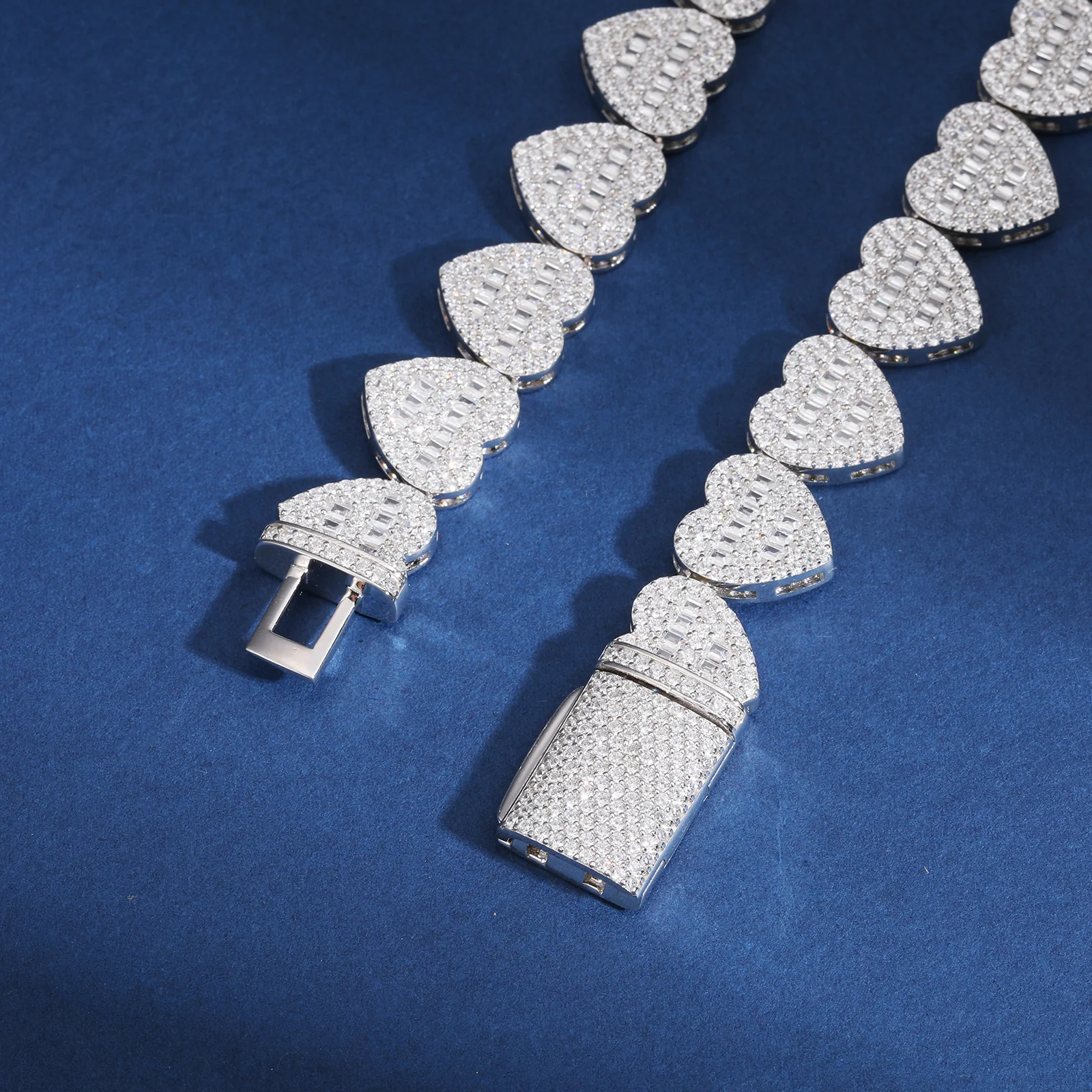 15MM BAGUETTE MOISSANITE HEART TENNIS LINK CHAIN NECKLACE/BRACELET IN STERLING SILVER - Image 3