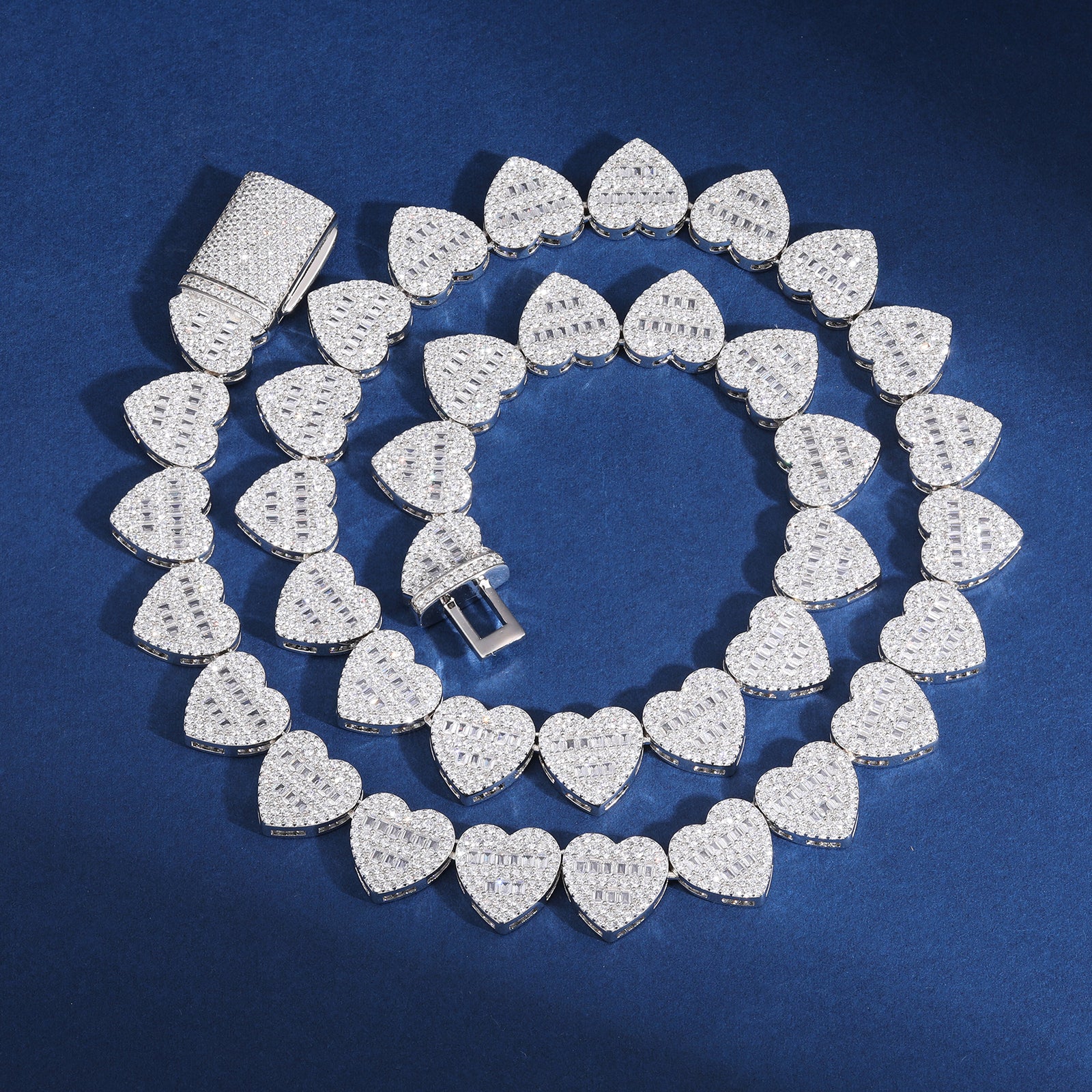 15MM BAGUETTE MOISSANITE HEART TENNIS LINK CHAIN NECKLACE/BRACELET IN STERLING SILVER - Image 4