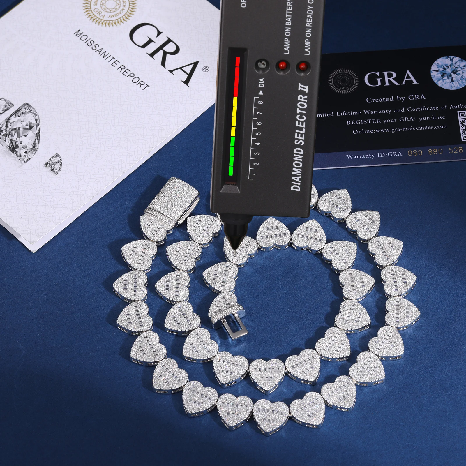 15MM BAGUETTE MOISSANITE HEART TENNIS LINK CHAIN NECKLACE/BRACELET IN STERLING SILVER - Image 5