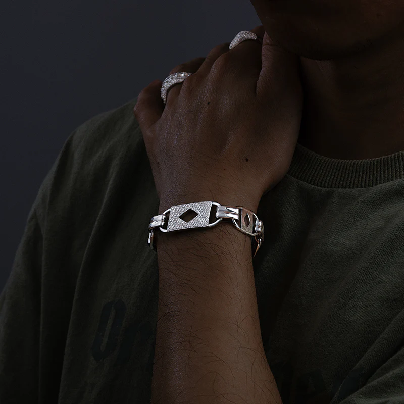 15MM MOISSANITE DIAMOND ACE LINK CHAIN BRACELET IN STERLING SILVER - Image 2