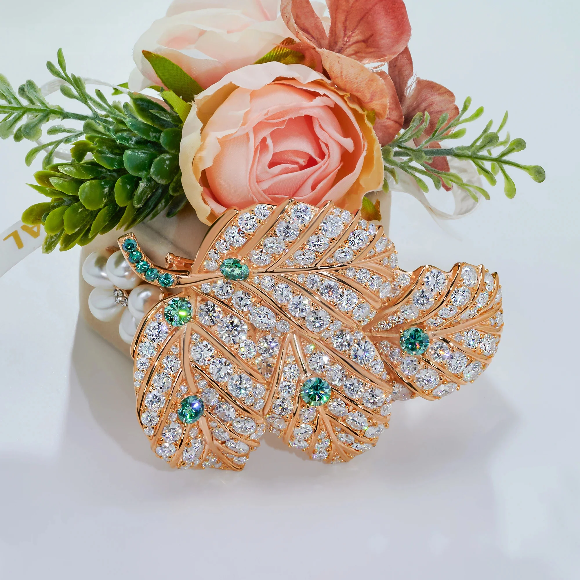 18K GOLD PLATED MOISSANITE AURORA LEAF ELEGANCE BROOCH IN STERLING SILVER - Image 6