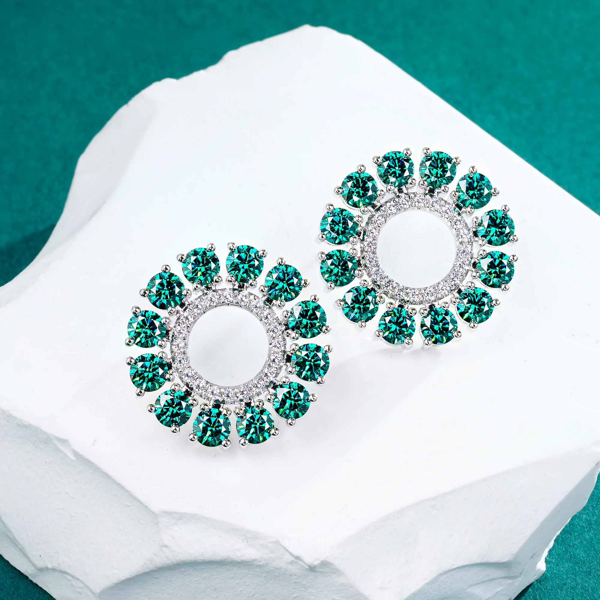18K WHITE GOLD PLATED GREEN MOISSANITE EARRINGS IN  STERLING SILVER - Image 2