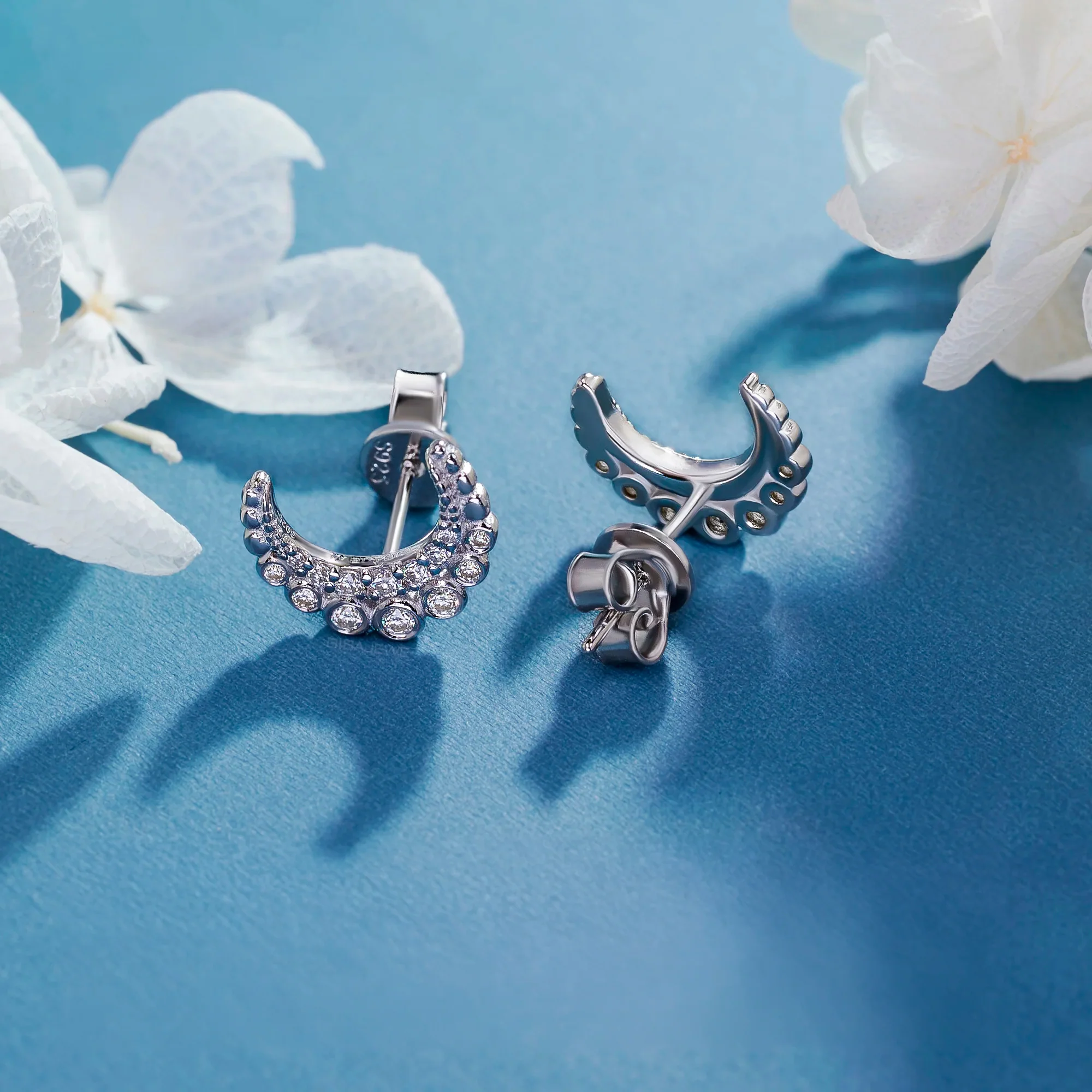 18K WHITE GOLD PLATED MOISSANITE DIAMOND STARLIT CRESCENT STUDS IN STERLING SILVER - Image 2