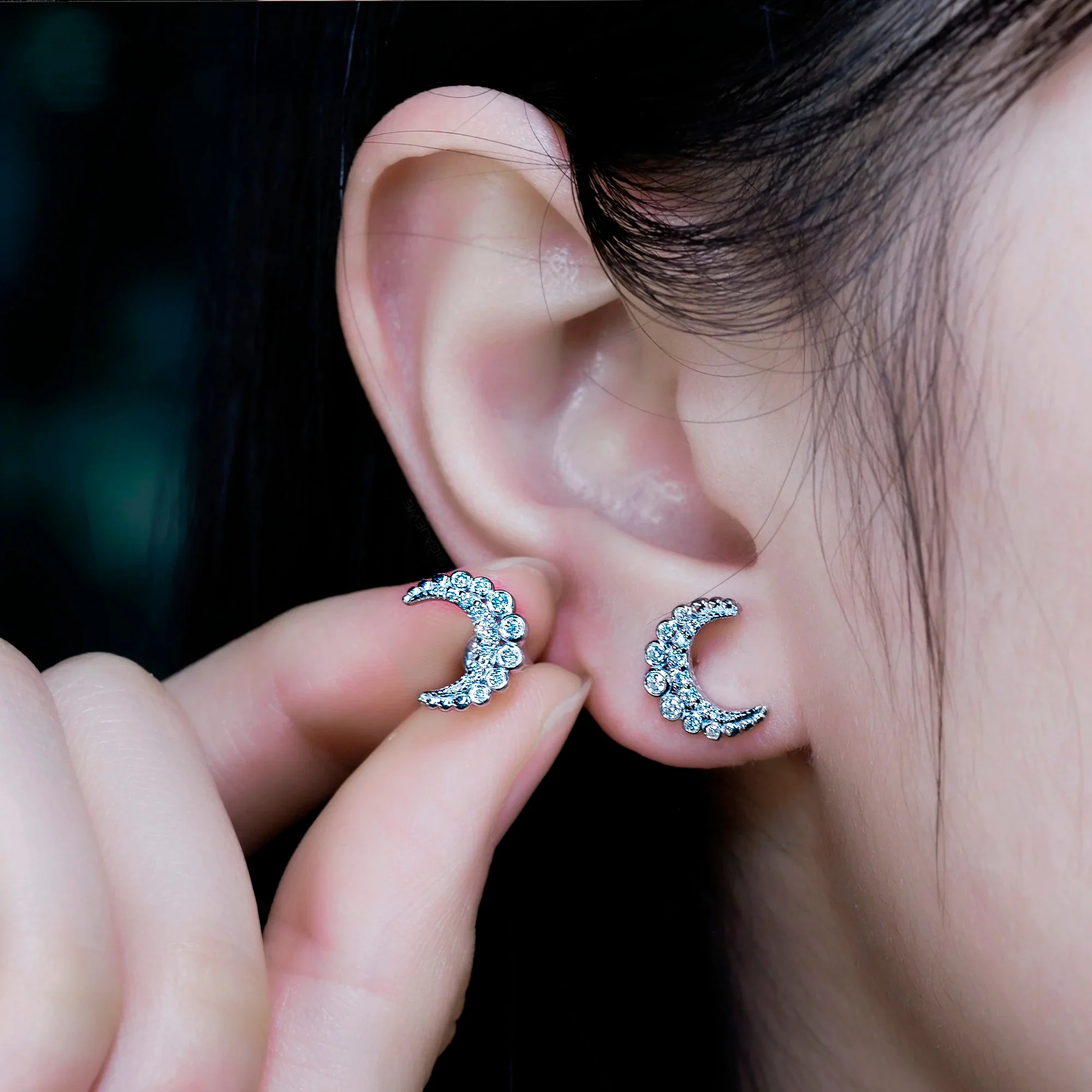 18K WHITE GOLD PLATED MOISSANITE DIAMOND STARLIT CRESCENT STUDS IN STERLING SILVER - Image 4