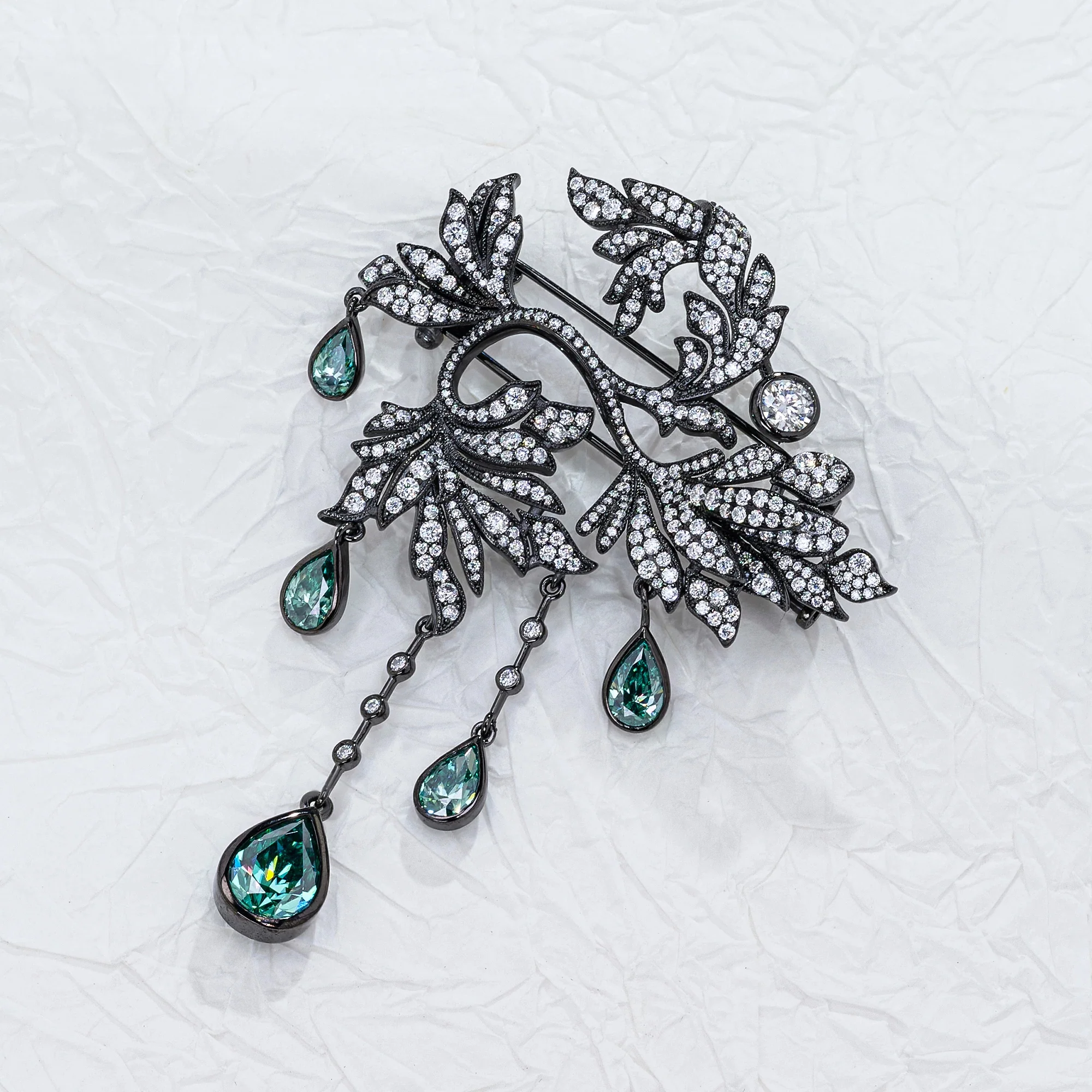 18K WHITE GOLD PLATED MOISSANITE EMERALD DEWFALL BROOCH IN STERLING SILVER - Image 3