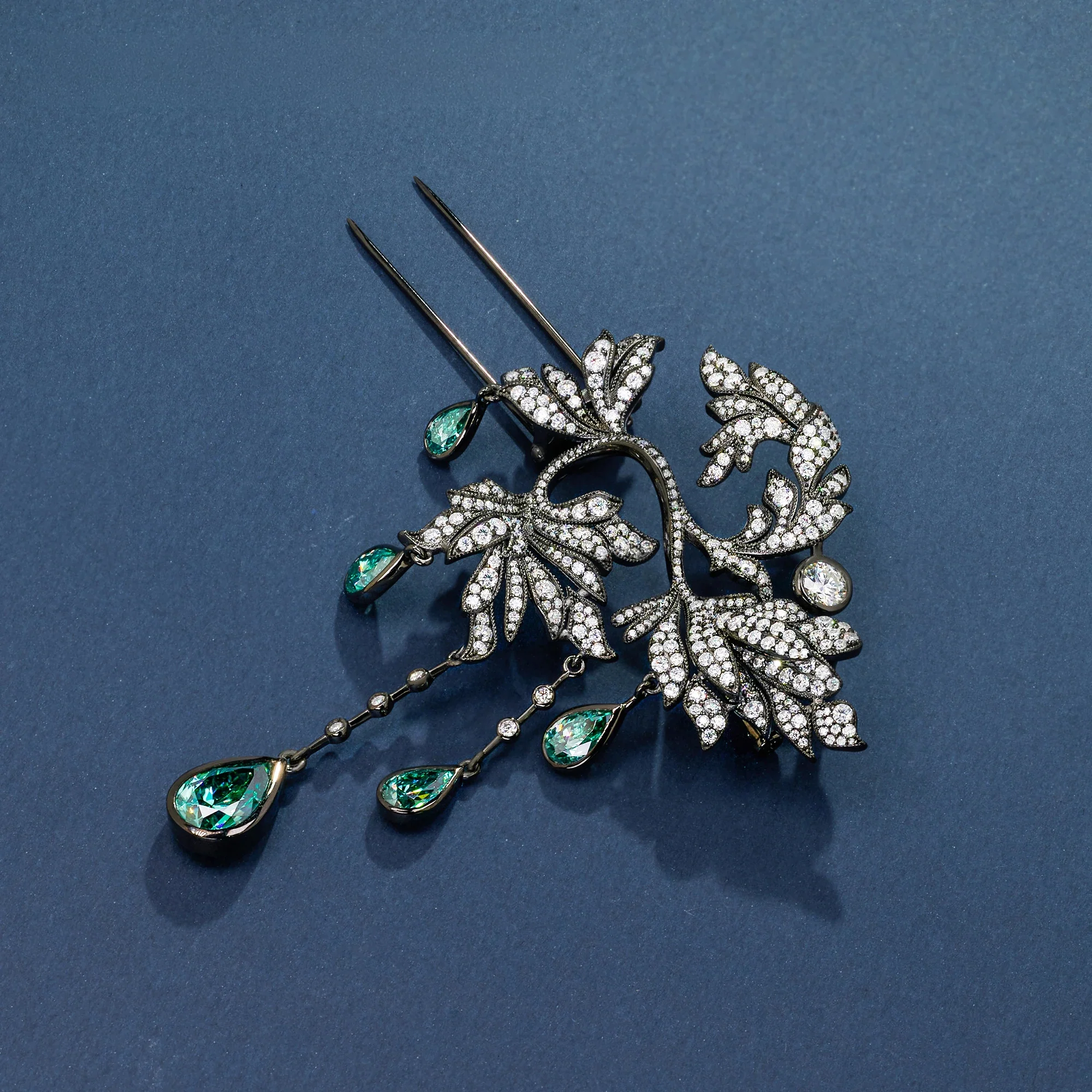 18K WHITE GOLD PLATED MOISSANITE EMERALD DEWFALL BROOCH IN STERLING SILVER - Image 4