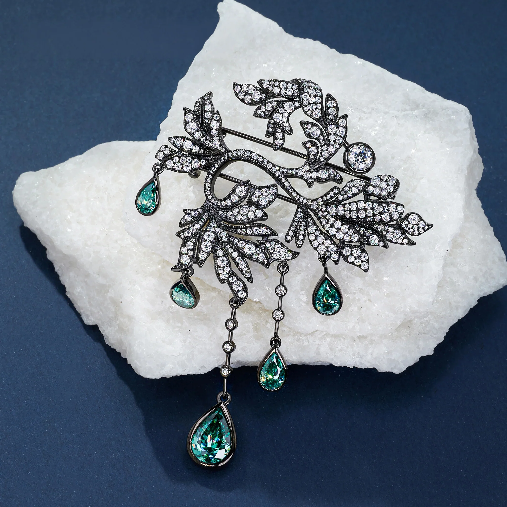18K WHITE GOLD PLATED MOISSANITE EMERALD DEWFALL BROOCH IN STERLING SILVER - Image 5