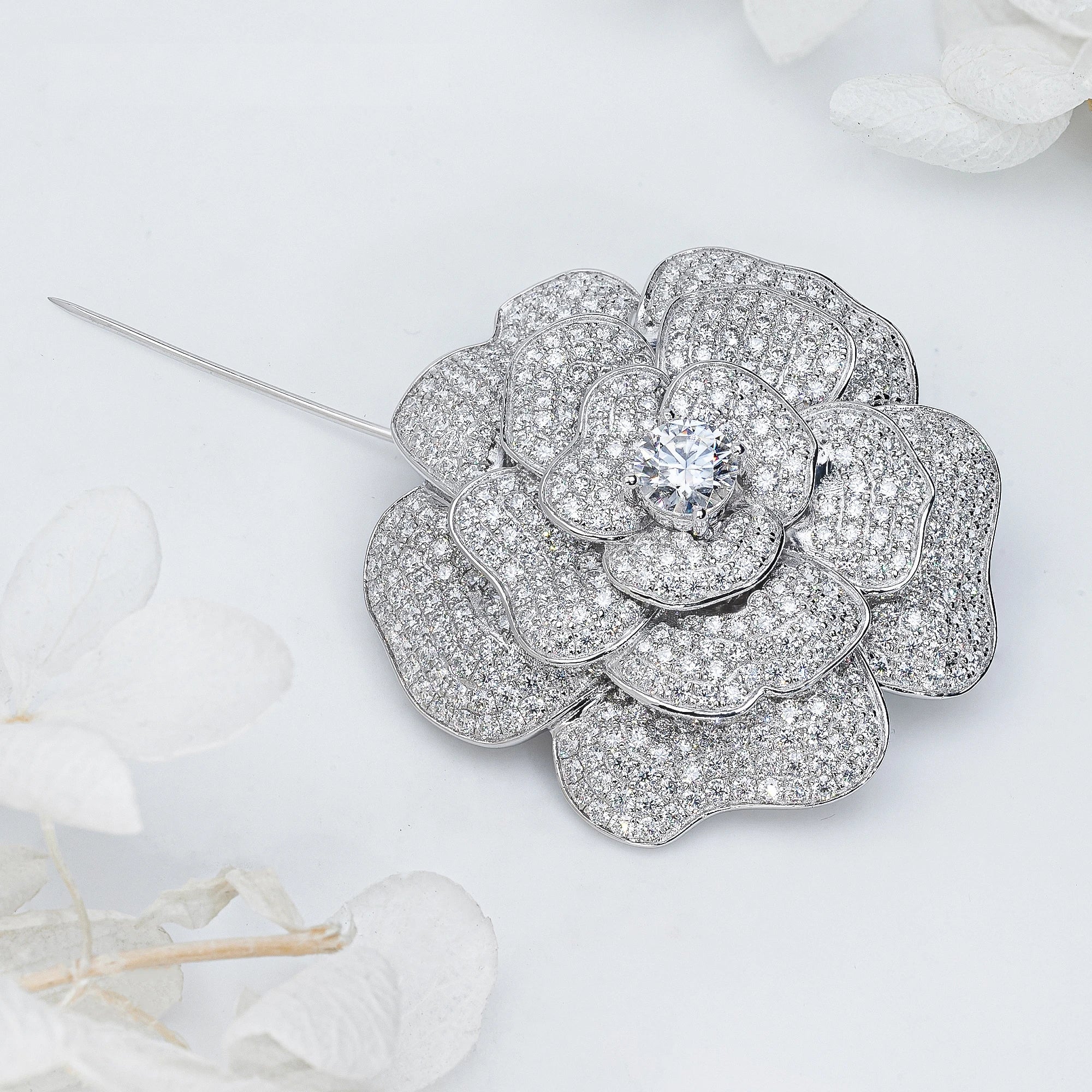 18K WHITE GOLD PLATED MOISSANITE ETERNAL BLOOM FLOWER BROOCH IN STERLING SILVER - Image 3