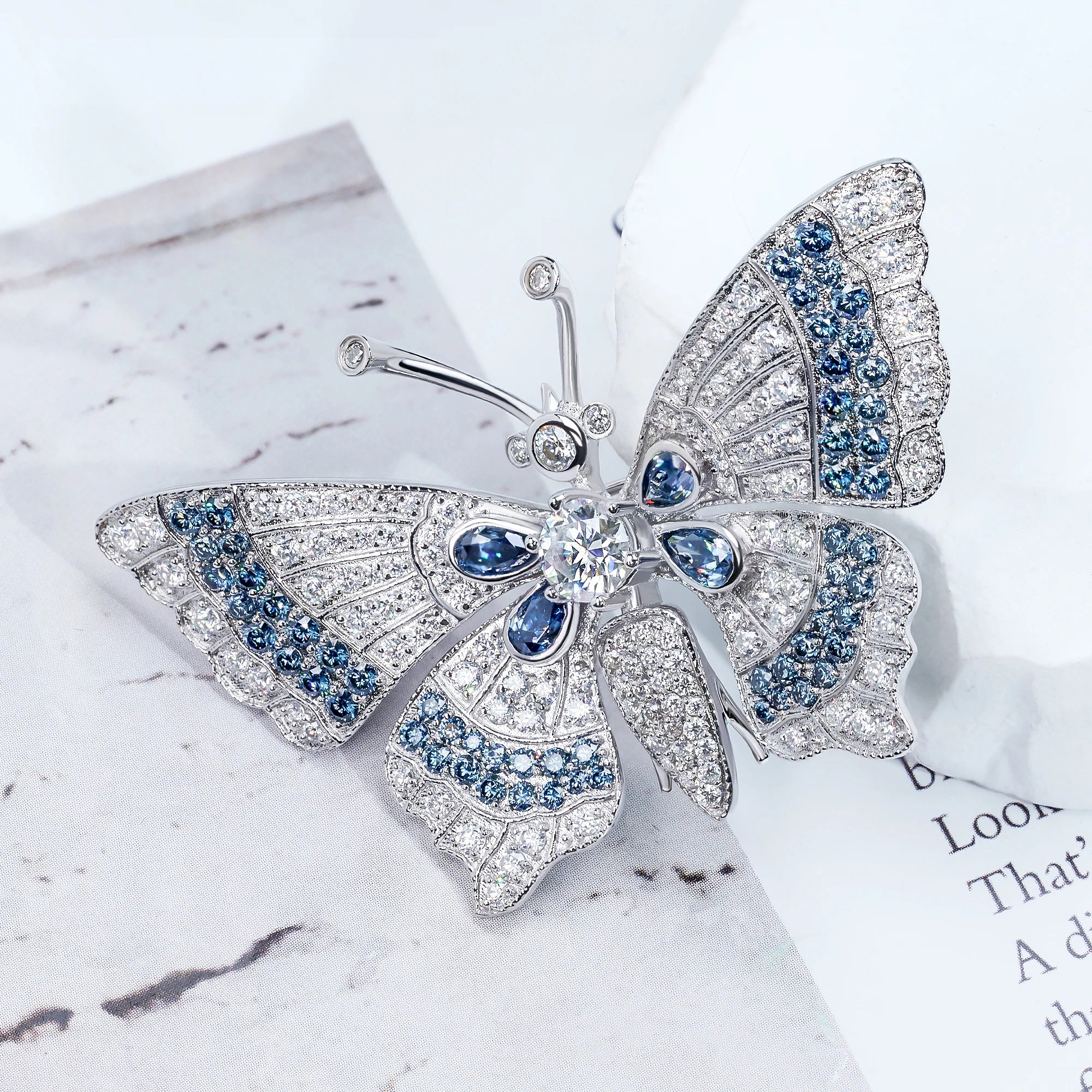 18K WHITE GOLD PLATED MOISSANITE ETHEREAL WINGS BUTTERFLY BROOCH IN STERLING SILVER - Image 5