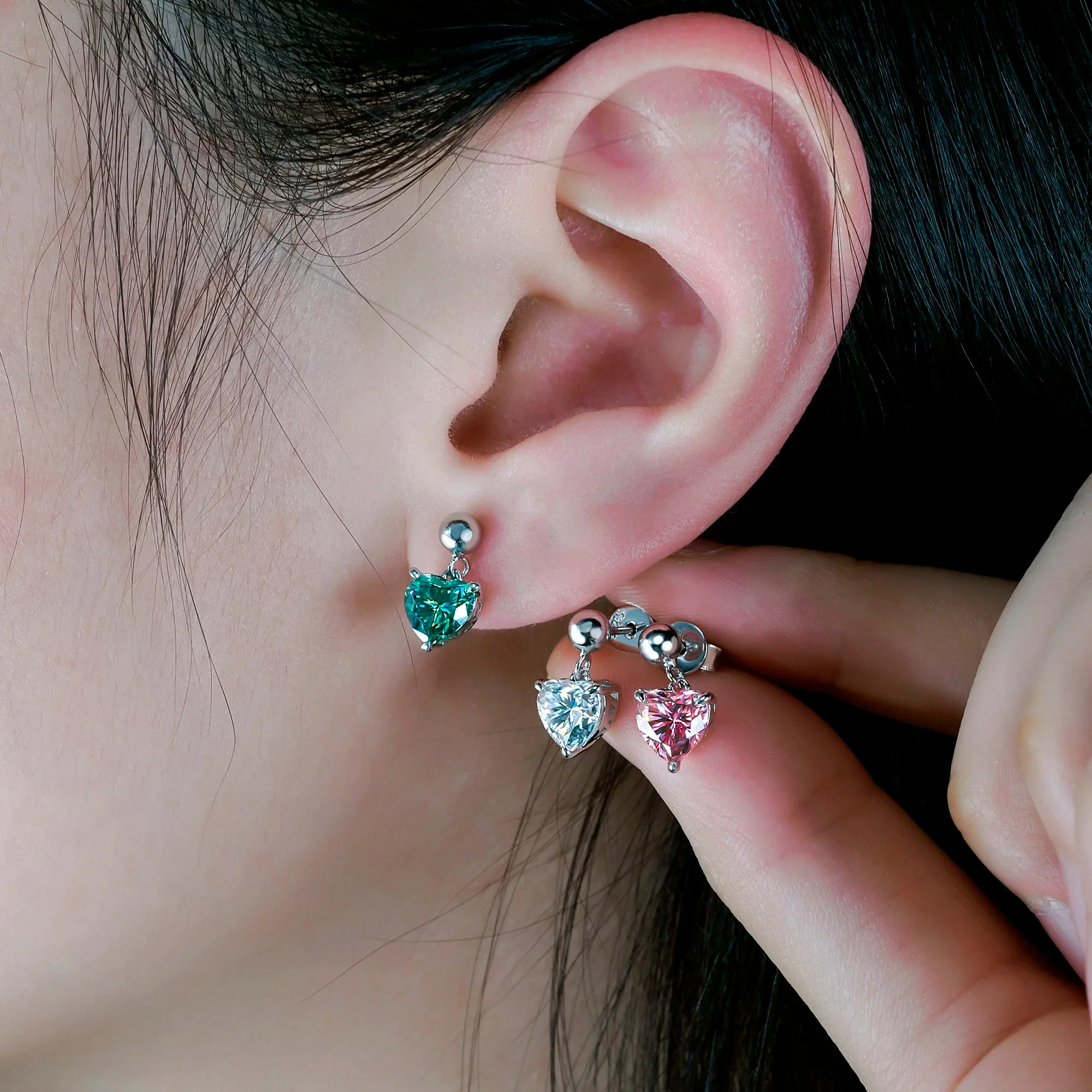 18K WHITE GOLD PLATED MOISSANITE HEART CUT EARRING IN STERLING SILVER - Image 2