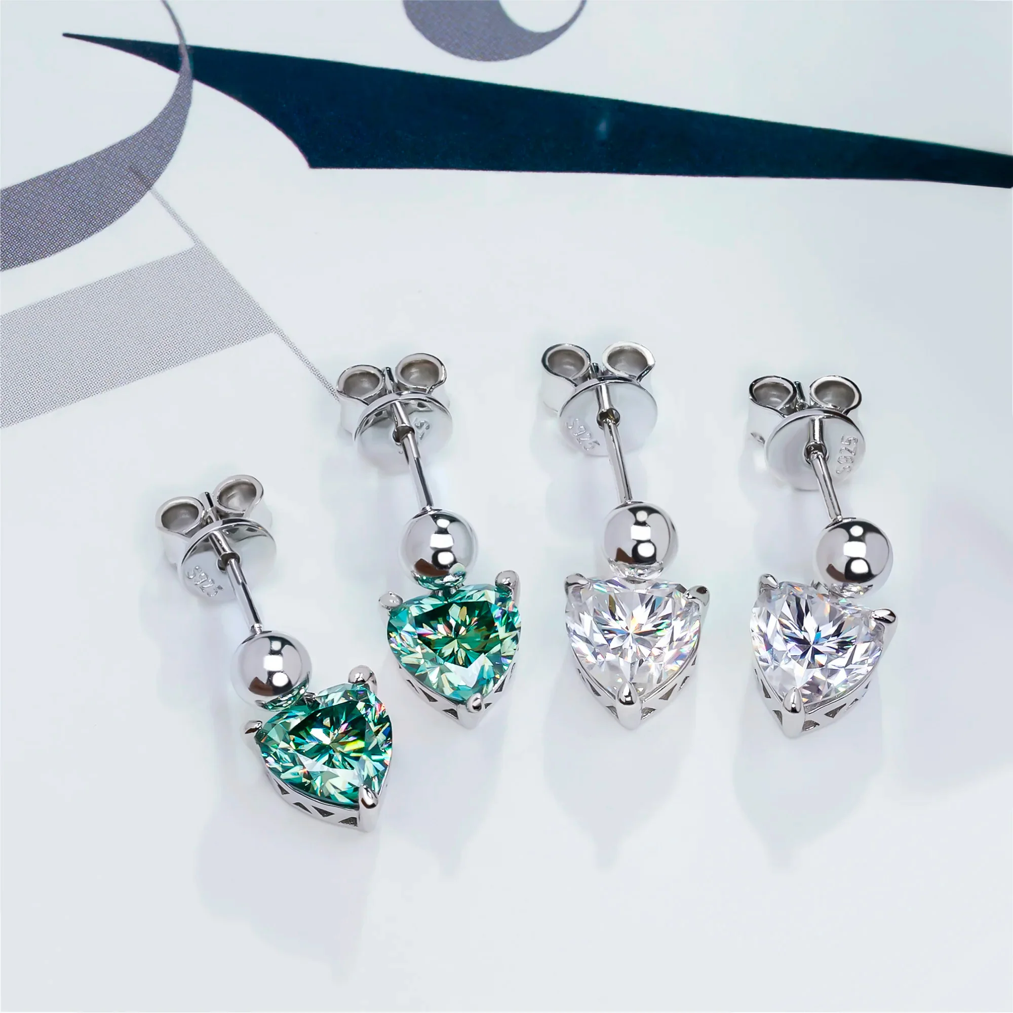 18K WHITE GOLD PLATED MOISSANITE HEART CUT EARRING IN STERLING SILVER - Image 3