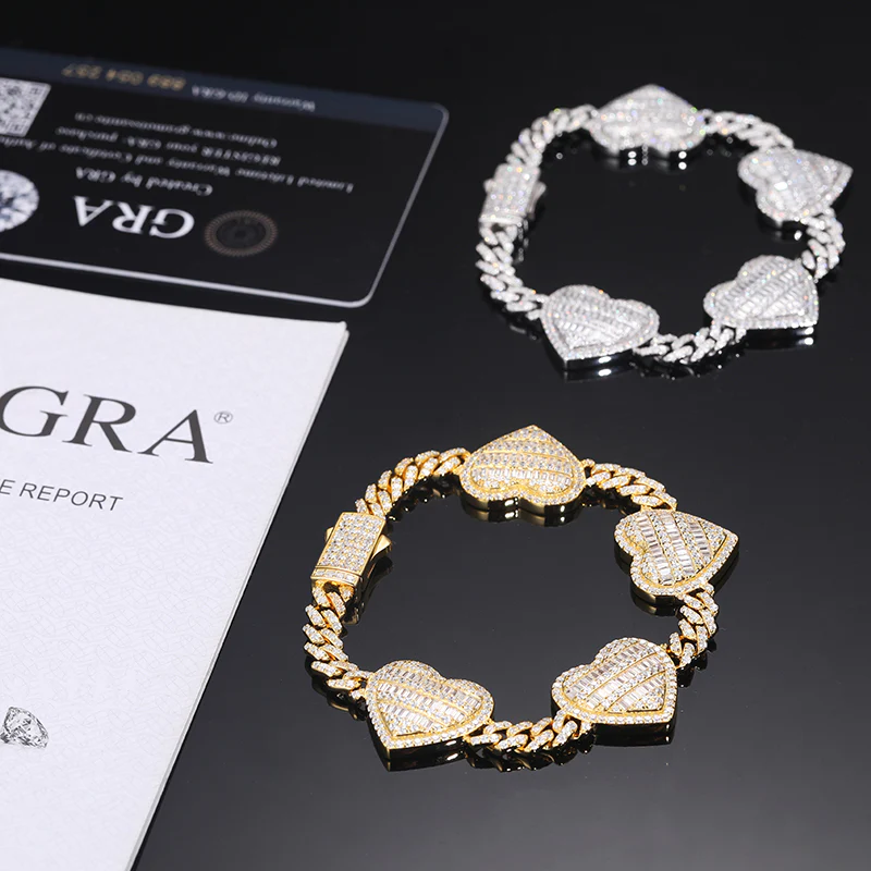 18MM BAGUETTE MOISSANITE HEART CUBAN BRACELET IN STERLING SILVER - Image 5