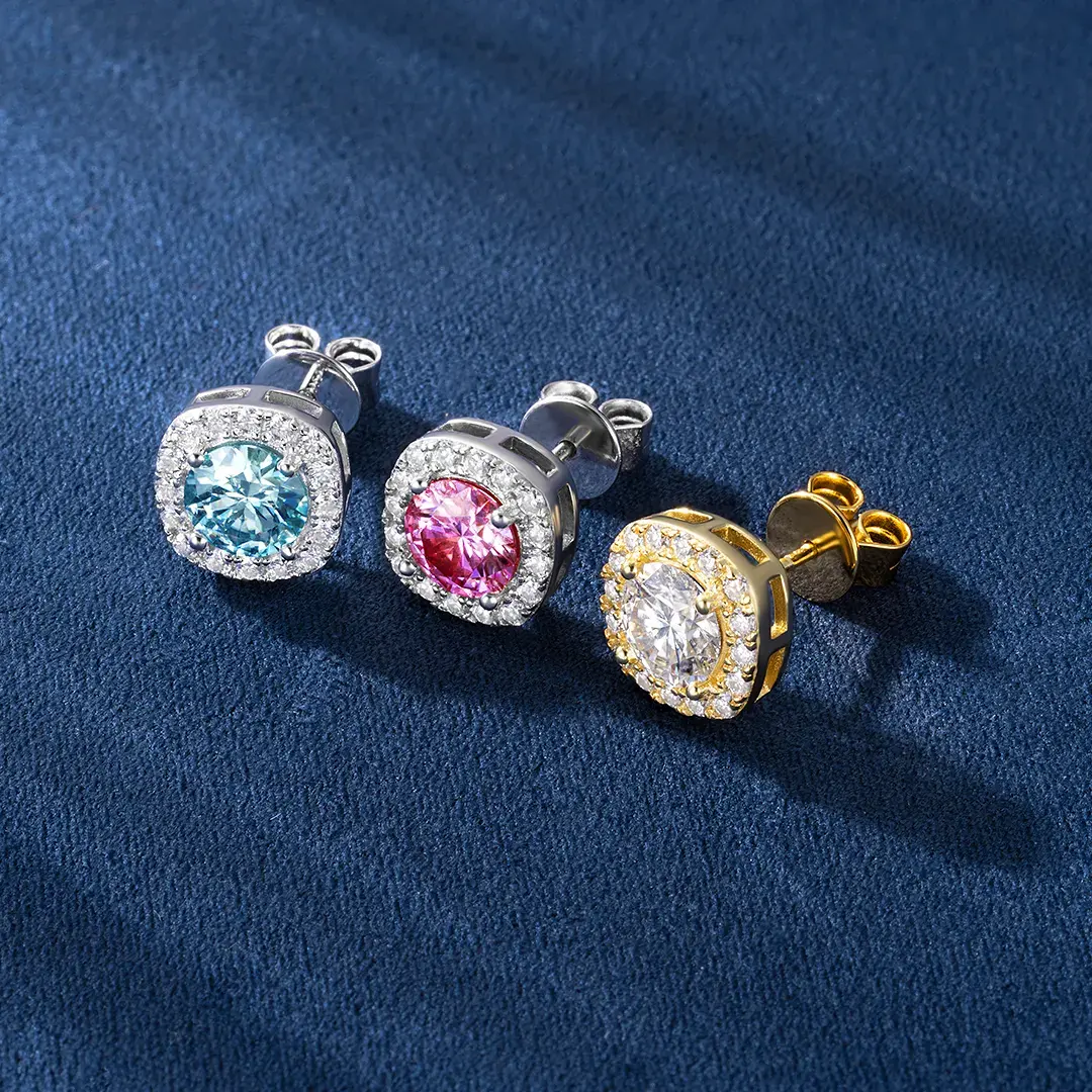 1CT COLORFUL MOISSANITE HALO EAR STUD EARRINGS IN STERLING SILVER - Image 3
