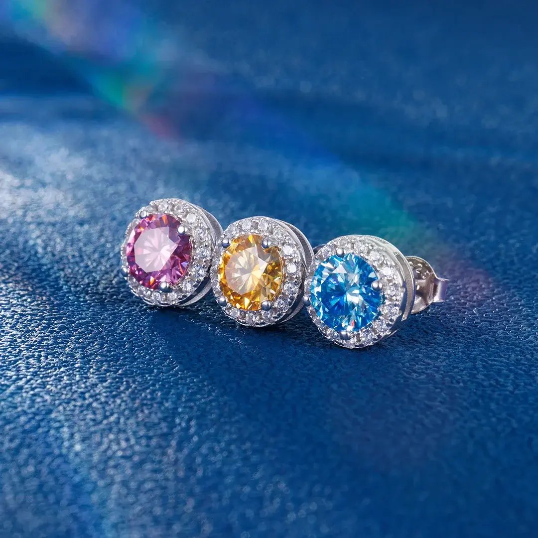 1CT COLORFUL MOISSANITE HALO EAR STUD EARRINGS IN STERLING SILVER - Image 4