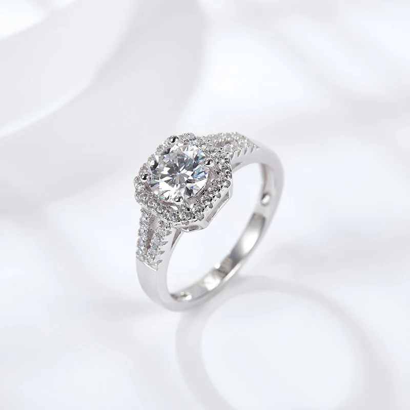 1CT ROUND MOISSANITE DIAMOND HALO OCTAGON RING IN STERLING SILVER - Image 2