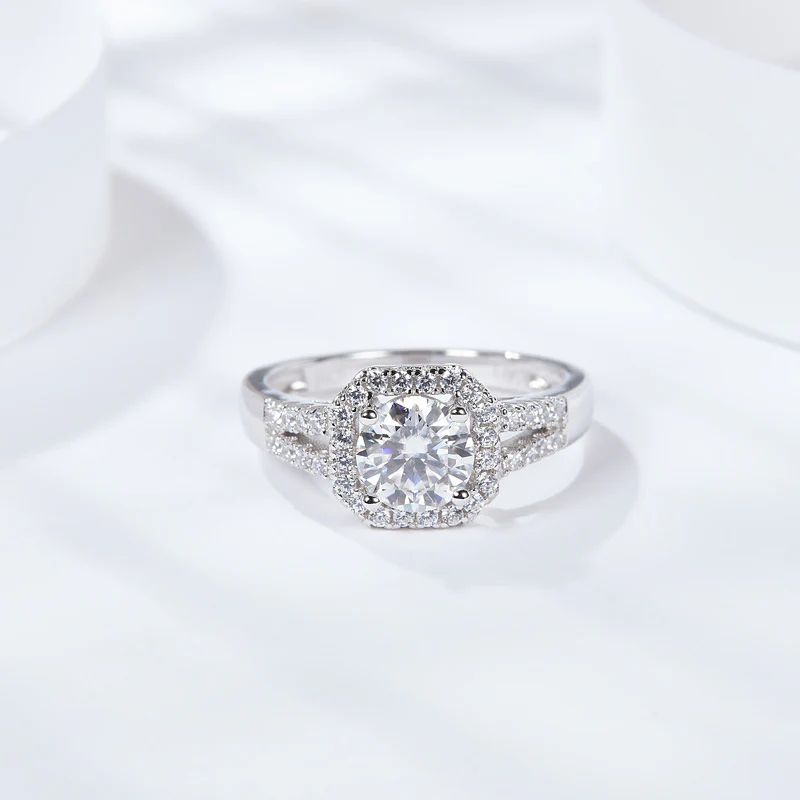 1CT ROUND MOISSANITE DIAMOND HALO OCTAGON RING IN STERLING SILVER - Image 4