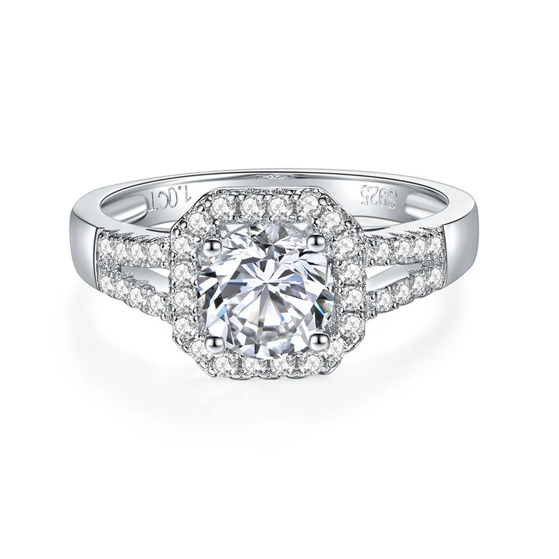 1CT ROUND MOISSANITE DIAMOND HALO OCTAGON RING IN STERLING SILVER - Image 5