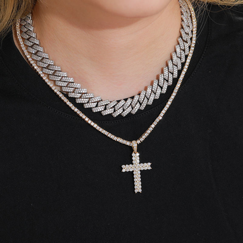 2 ROWS MOISSANITE CROSS PENDANT NECKLACE IN STERLING SILVER - Image 3
