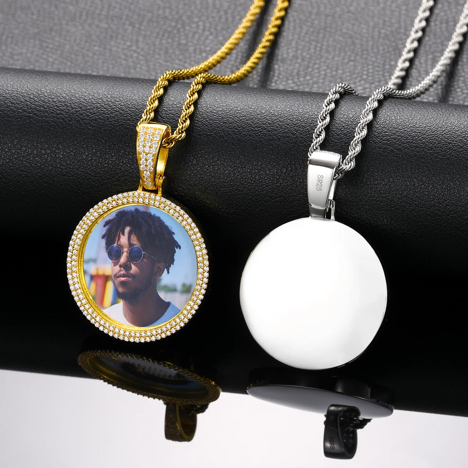 2 ROWS MOISSANITE DIAMOND ROUND CUSTOM PHOTO PENDANT IN STERLING SILVER - Image 4