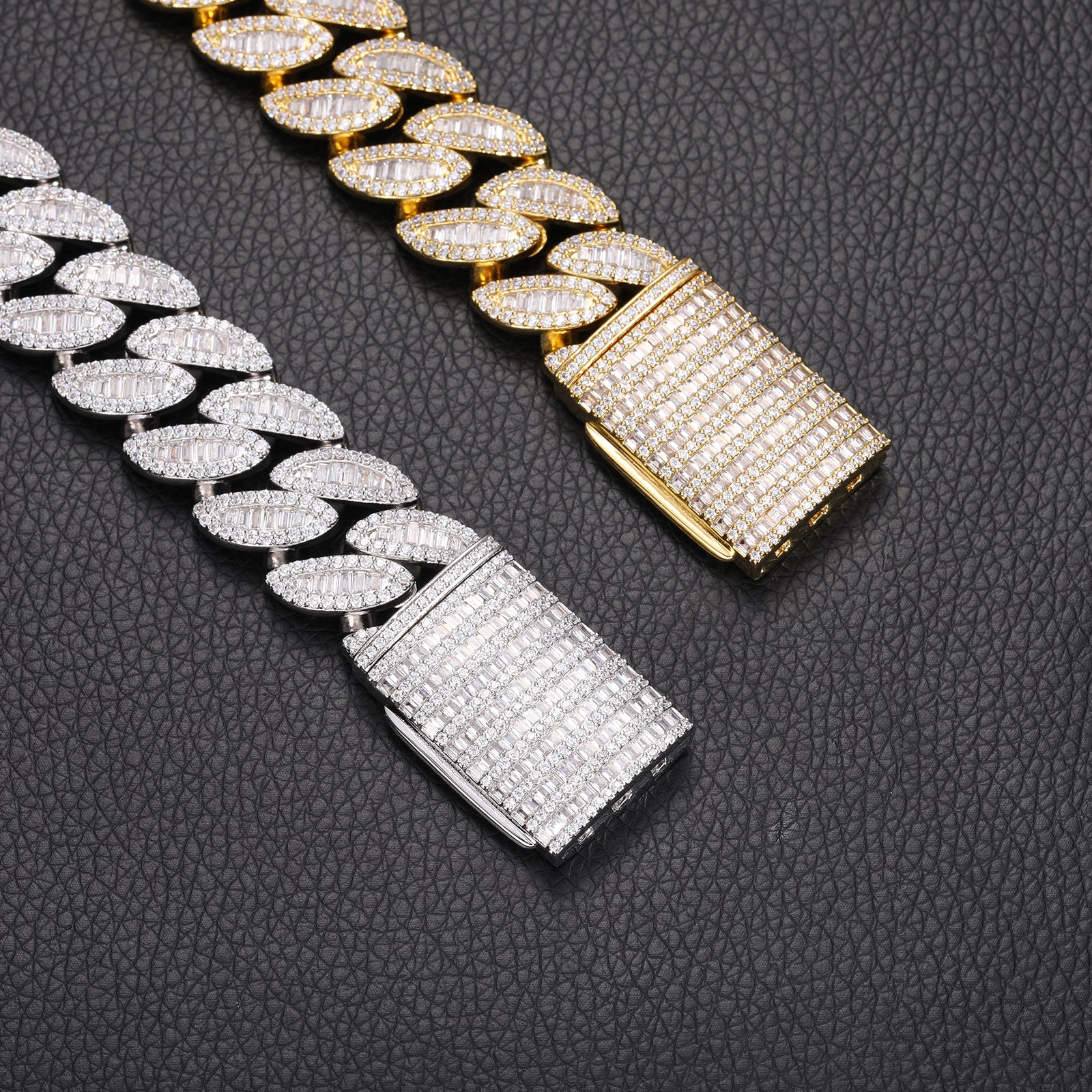 20MM BAGUETTE MOISSANITE LEAF CUBAN LINK CHAIN NECKLACE/BRACELET IN STERLING SILVER - Image 2