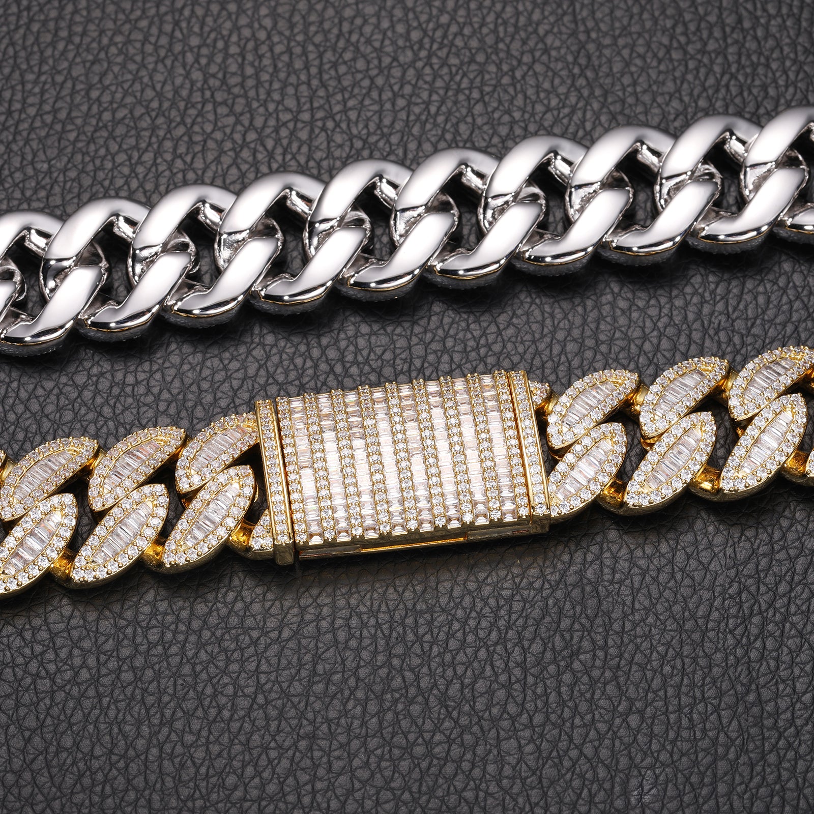 20MM BAGUETTE MOISSANITE LEAF CUBAN LINK CHAIN NECKLACE/BRACELET IN STERLING SILVER - Image 3
