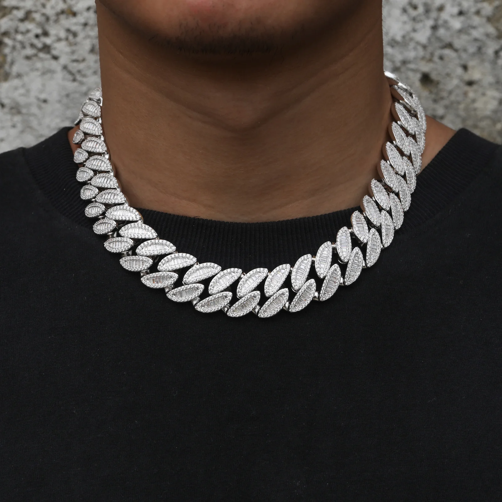 20MM BAGUETTE MOISSANITE LEAF CUBAN LINK CHAIN NECKLACE/BRACELET IN STERLING SILVER - Image 5