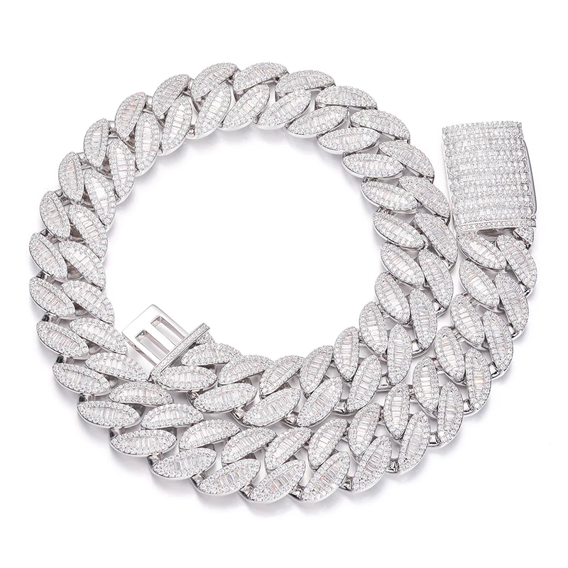 20MM BAGUETTE MOISSANITE LEAF CUBAN LINK CHAIN NECKLACE/BRACELET IN STERLING SILVER - Image 6