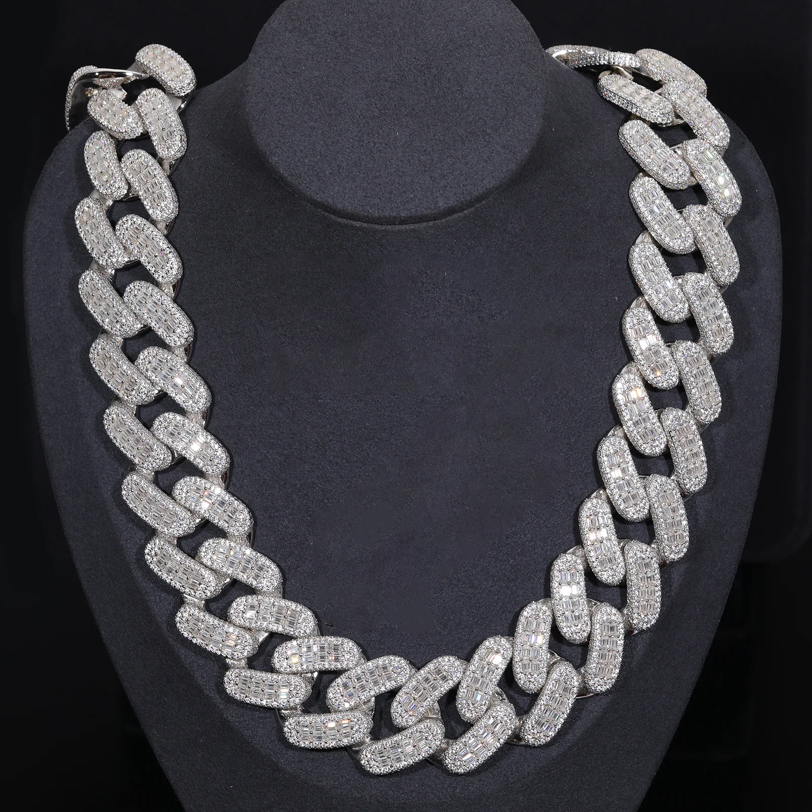 28MM 2 ROW MOISSANITE BAGUETTE CUBAN LINK NECKLACE/BRACELET IN STERLING SILVER - Image 2