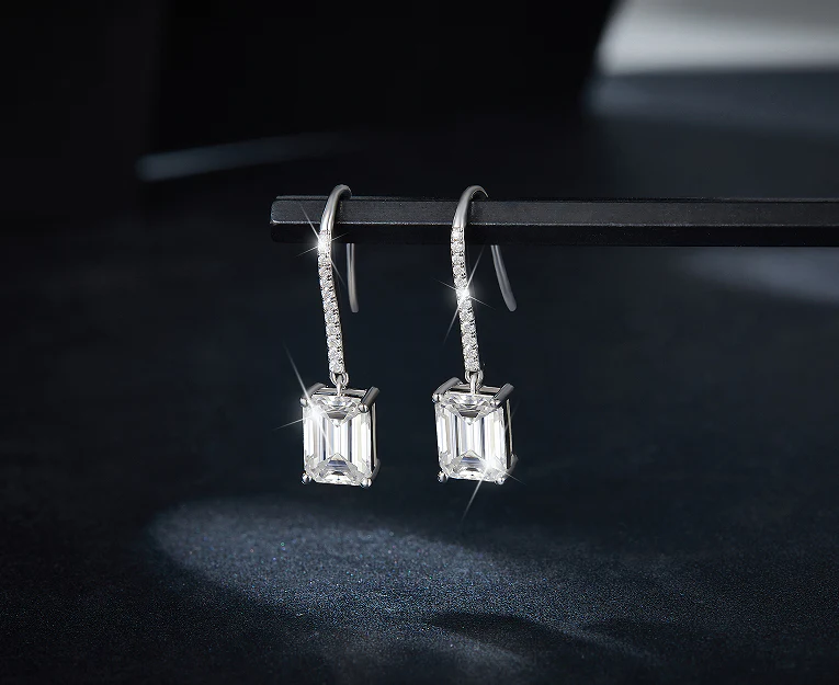 2CT MOISSANITE EMERALD CUT DROP EARRINGS IN STERLING SILVER - Image 2