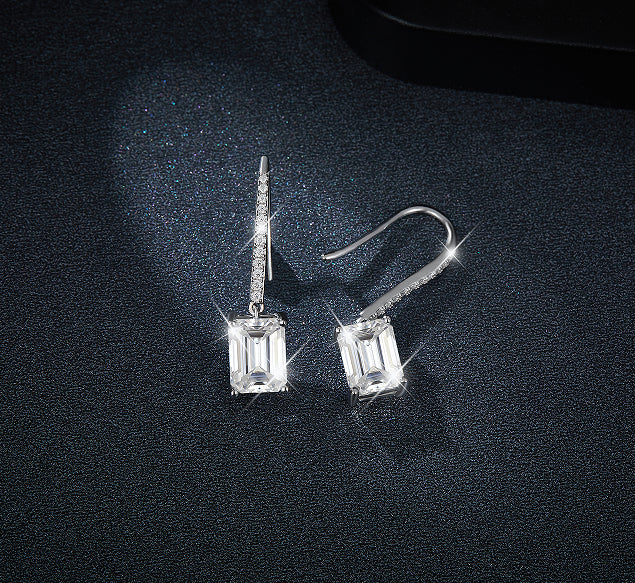 2CT MOISSANITE EMERALD CUT DROP EARRINGS IN STERLING SILVER - Image 3