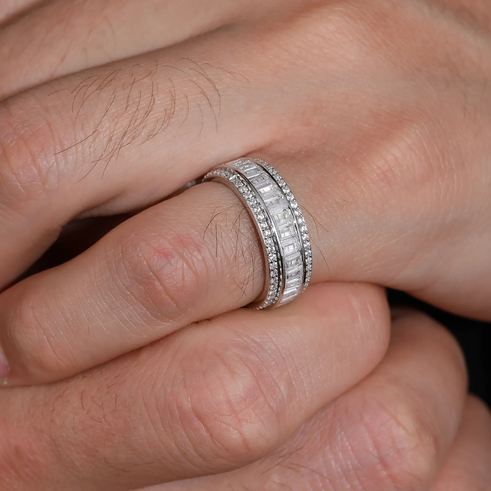 3 ROWS ROTATABLE BAGUETTE MOISSANITE DIAMOND BAND RING IN STERLING SILVER - Image 3