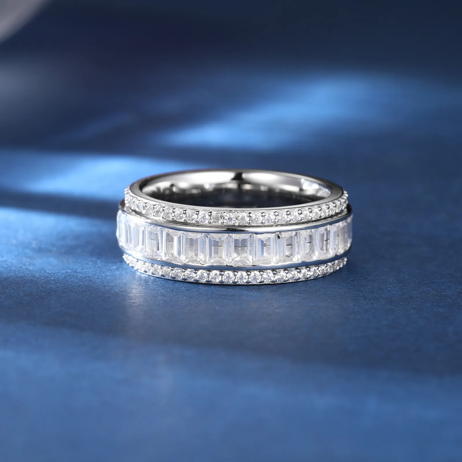 3 ROWS ROTATABLE BAGUETTE MOISSANITE DIAMOND BAND RING IN STERLING SILVER - Image 4