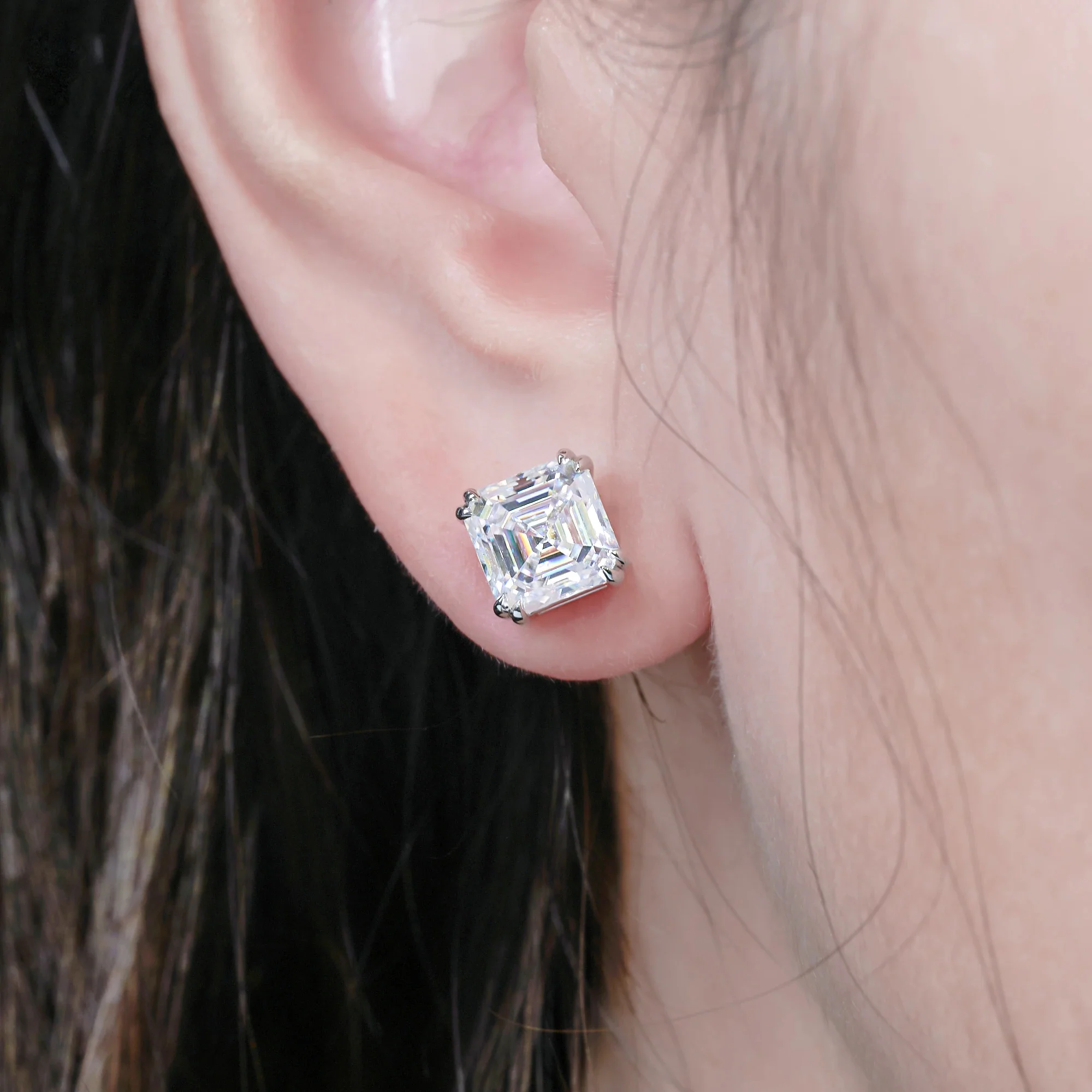4CT ASSCHER CUT MOISSANITE STUD EARRINGS IN SOLID WHITE GOLD - Image 5